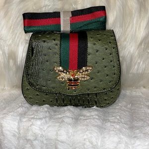 Ostrich Croc Queen Bee Stripe Saddle Crossbody Bag